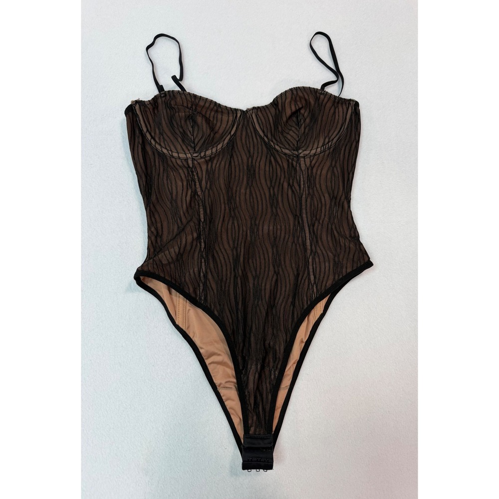 White Fox Boutique Black Tan Mesh Wavy Underwire Bodysuit Small